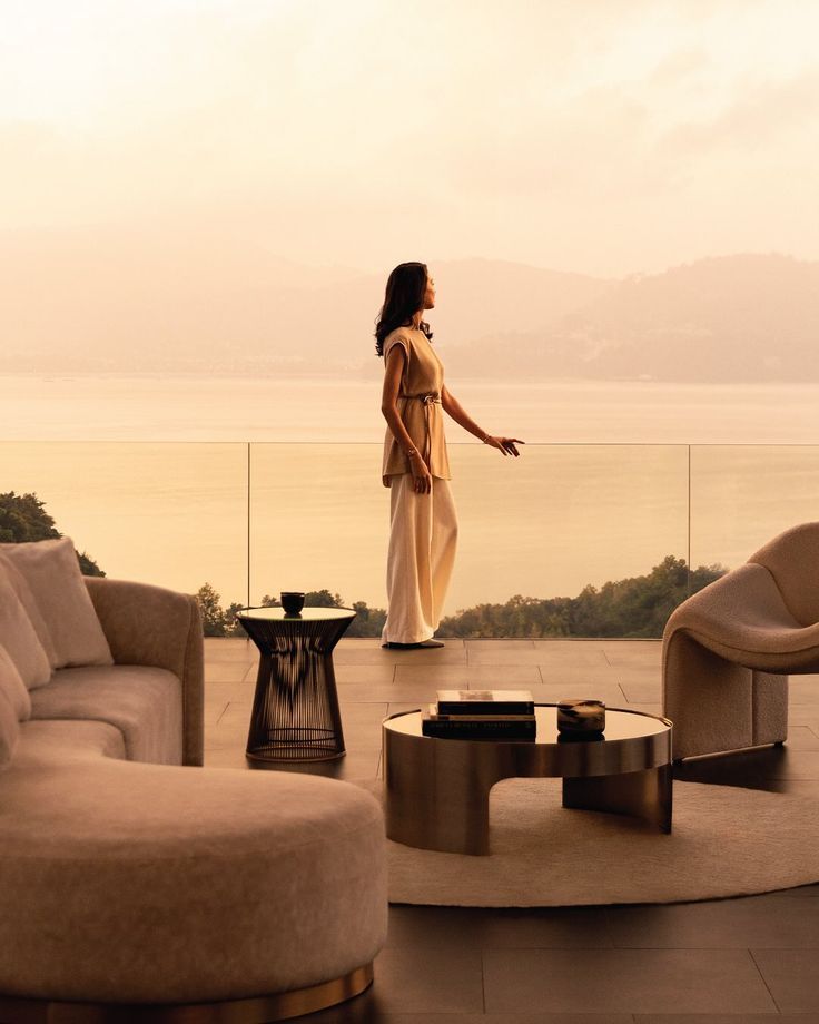 Luxury terrace overlooking golden sunset and mountains