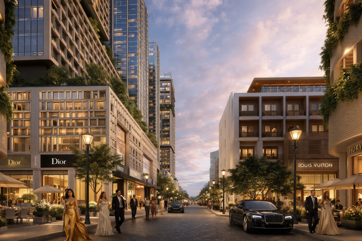 Golden Triangle luxury boulevard in the evening