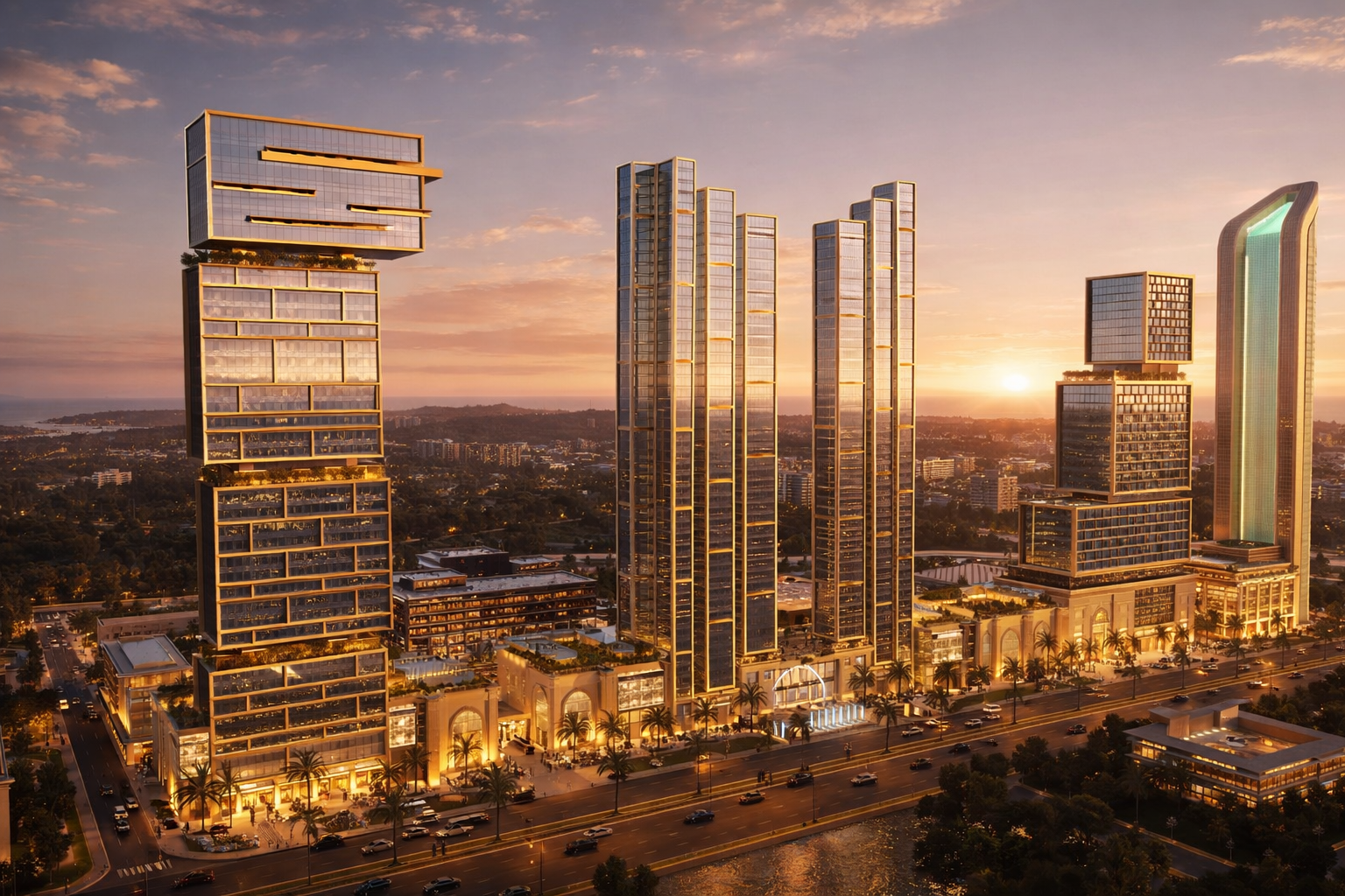 Golden Triangle skyline at sunset